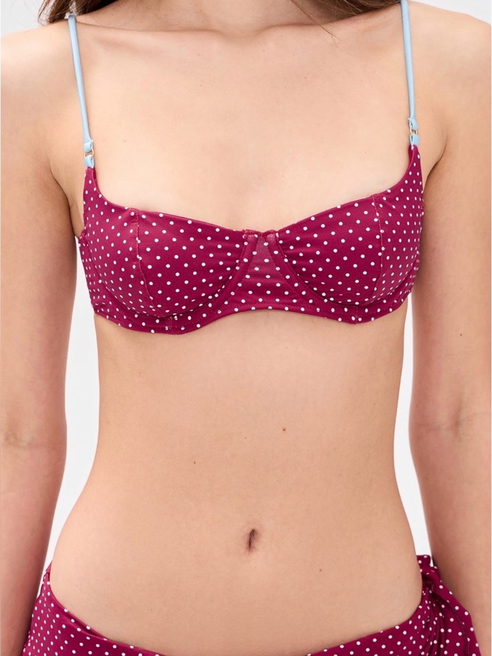 Frankie's Bikinis Burgundy Red Polka Dot Bikini with Light Blue Trim